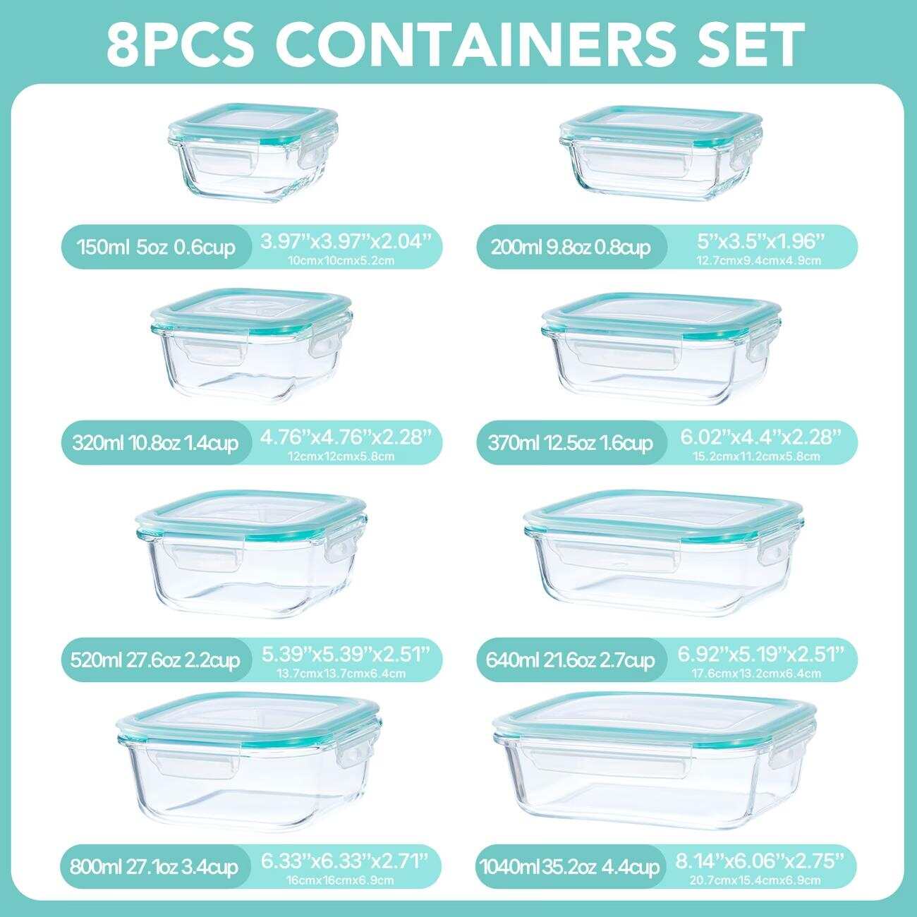 16pcs Sealed Glass Food Storag - Meal Prep Glass Containers With Lids recension och pris